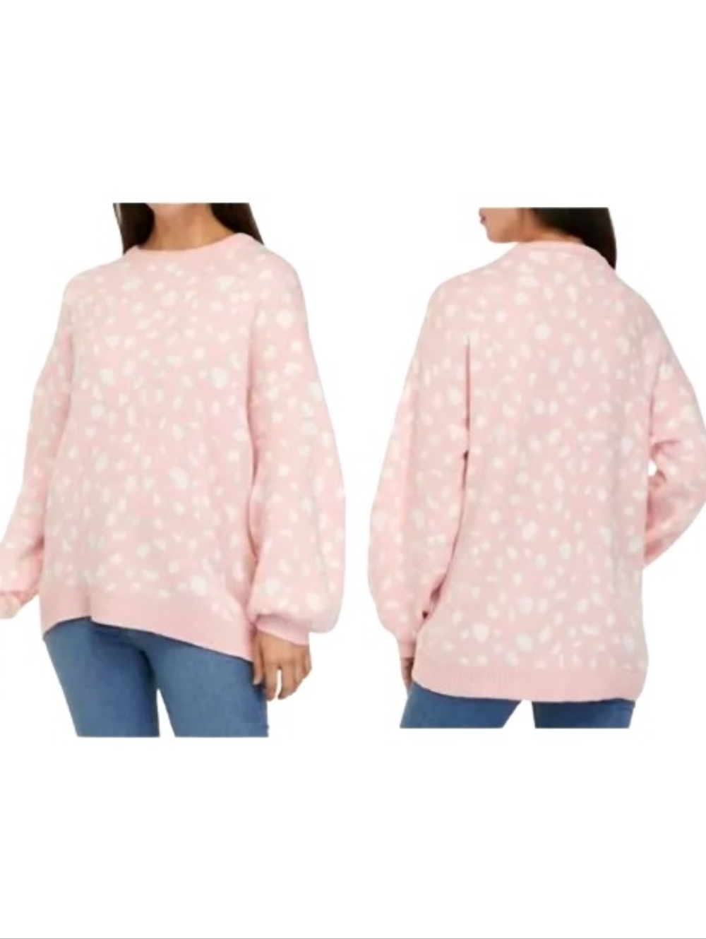 Crown & Ivy Plus Pink Spotted Print Sweater Poof Sleeves Oversized Relaxed Fit